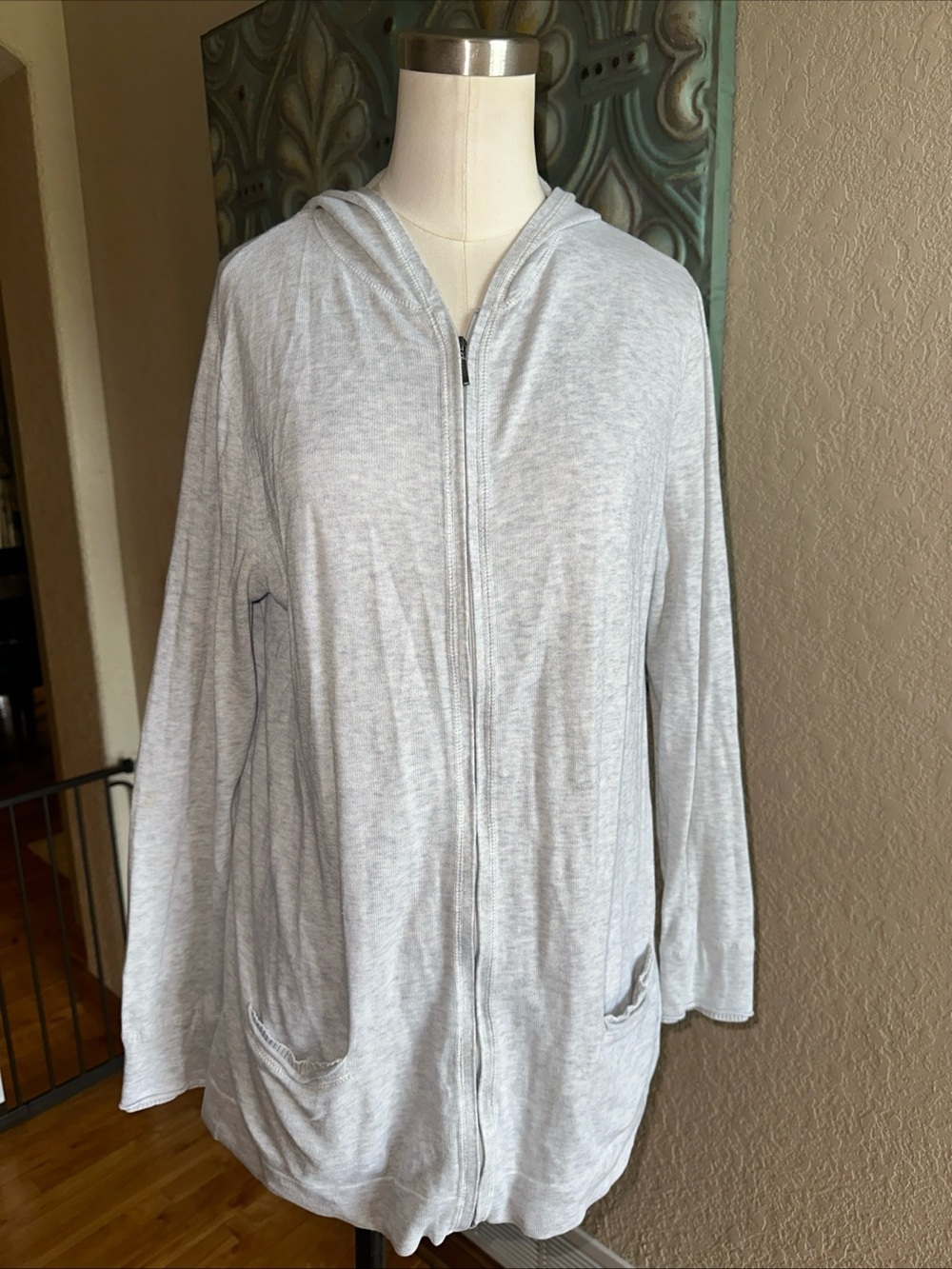 J. Jill Hooded Long Cardigan Zip Up Hoodie 100% Cotton Gray Women’s Large